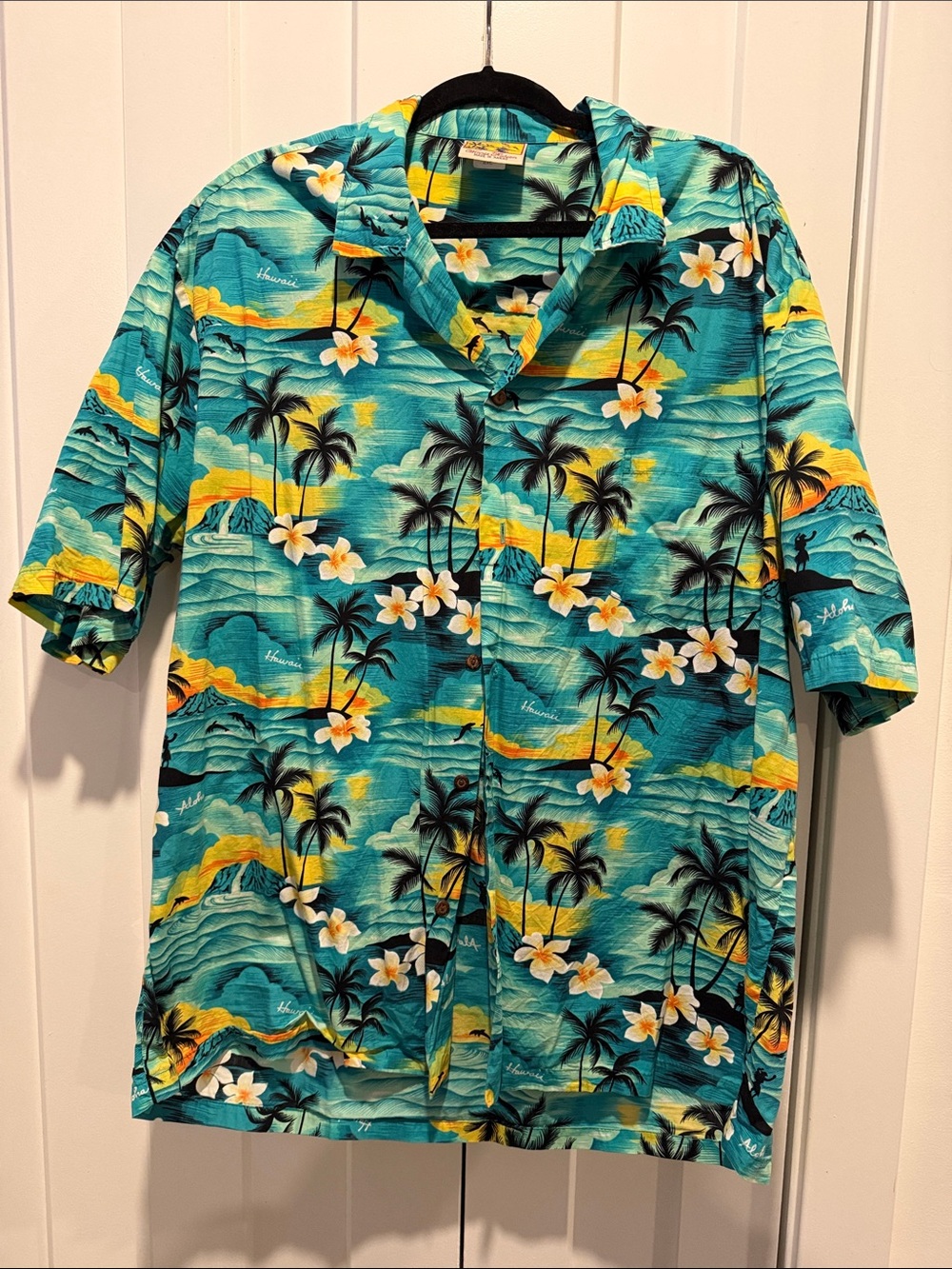 Men's Teal Hawaiian Short-Sleeve Button-Down Camp Shirt